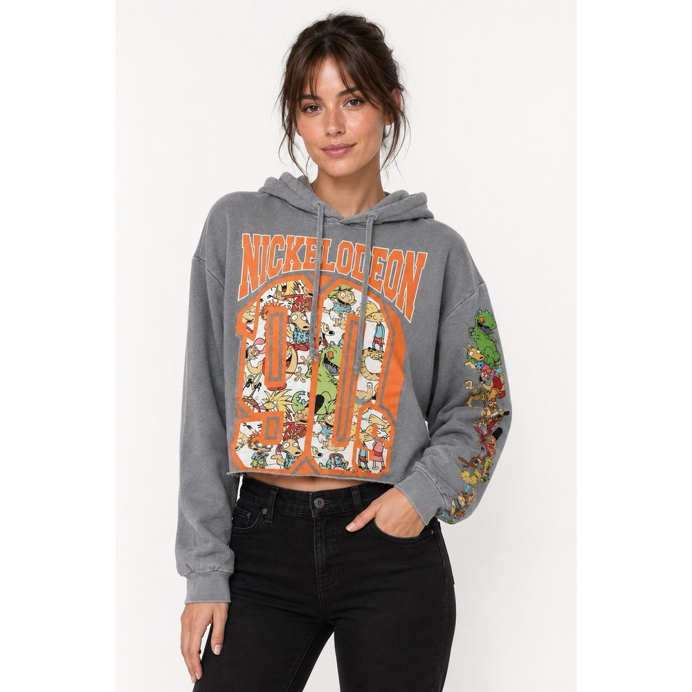 Nickelodeon 90s Cartoon Characters Cropped Hoodie Gray Medium Rugrats Y2K